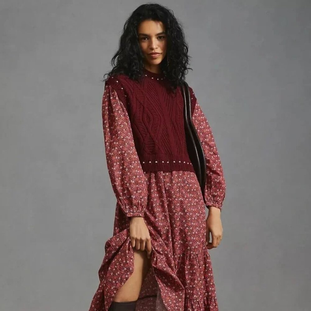 Anthropologie Burgundy and Floral Maxi Dress